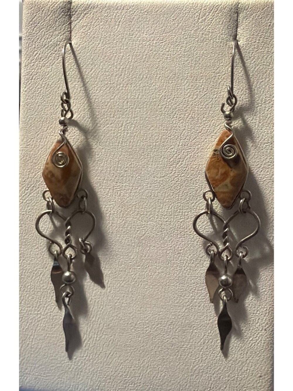 Vintage Y2K Silver Tone Jasper Stone Dangle Earrings Boho Drop 2.5" Estate